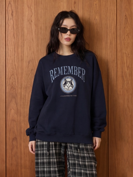 美式校園貓咪印花圓領上衣