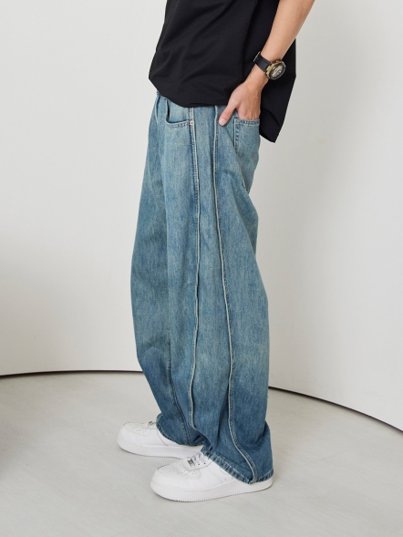 側邊拼接寬鬆牛仔長褲