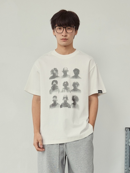 復古九宮格人物印花短T
