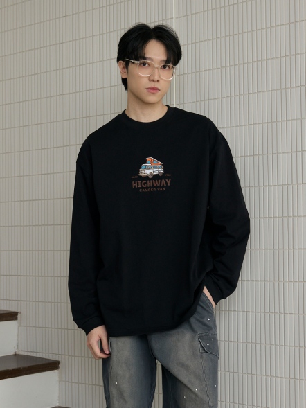 趣味露營車刺繡薄長T