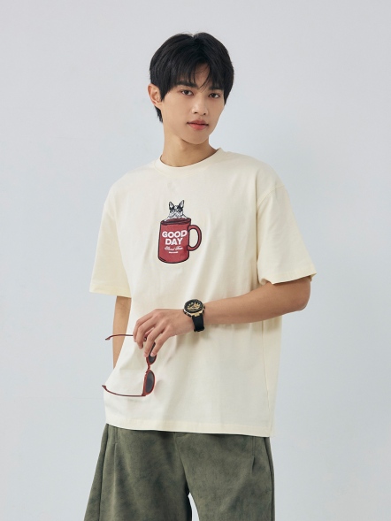 設計感狗狗杯子圖案短T