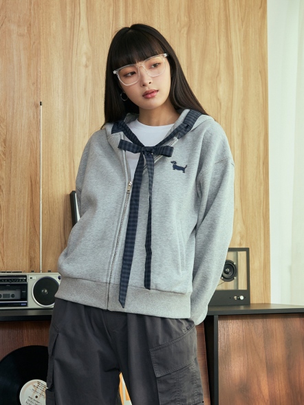 撞色格紋加絨連帽拉鍊外套