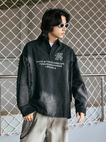 潮流豹紋毛邊翻領牛仔長T