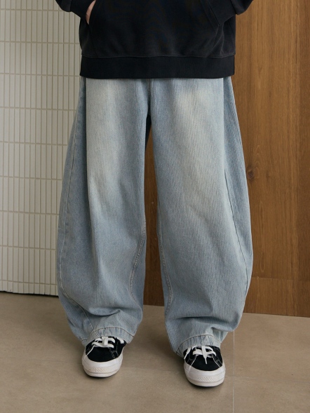 簡約水洗刷白寬鬆牛仔長褲