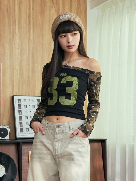 星星拼接迷彩袖數字斜肩上衣