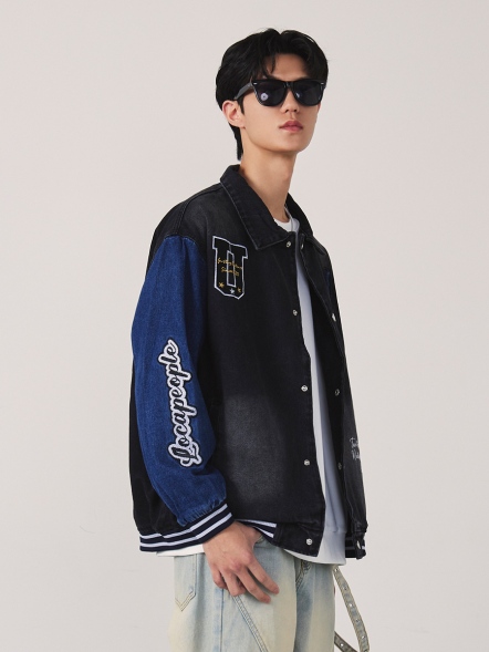 個性刺繡拼色牛仔薄外套