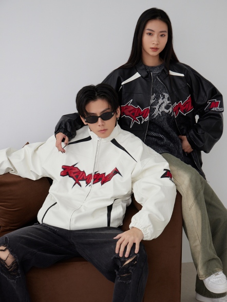 潮流騎士拼接皮外套