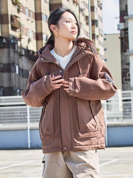 手臂貼章拼接連帽鋪棉中長外套