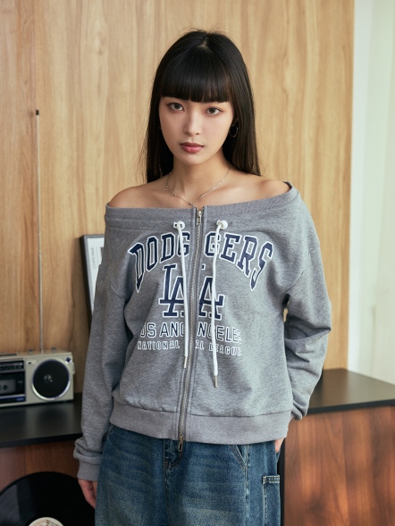 美式字母拉鍊抽繩一字肩上衣