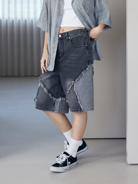 潮流抽鬚拼接牛仔短褲