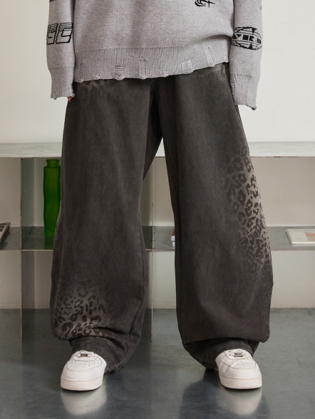 酷帥豹紋圖騰寬鬆長褲