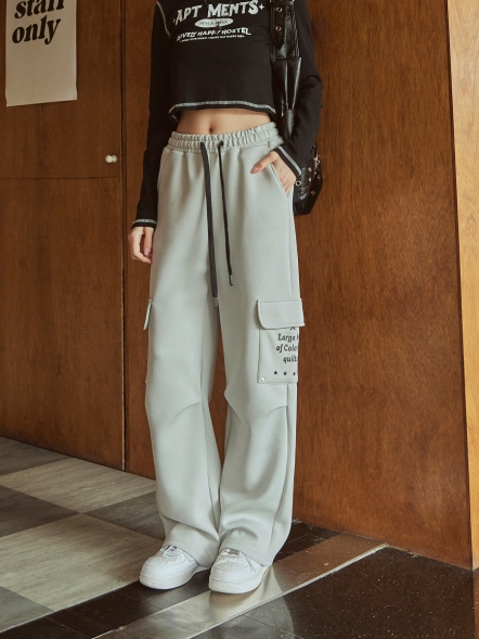 全鬆緊空氣棉繡花寬版長褲-灰色