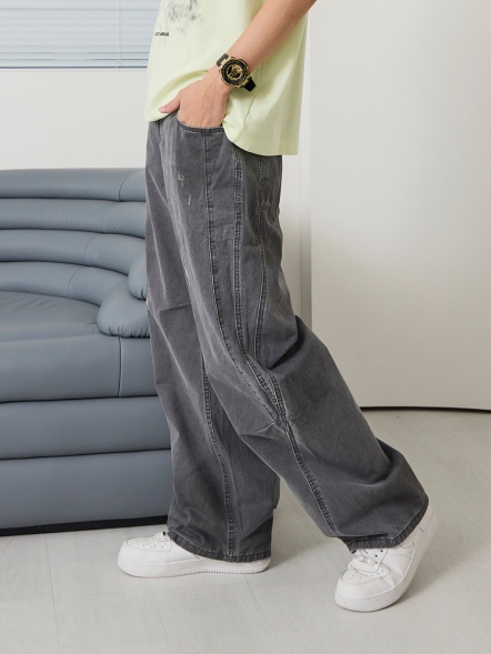 復古水洗寬鬆牛仔長褲