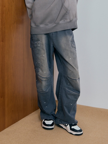 潑漆口袋寬鬆牛仔長褲