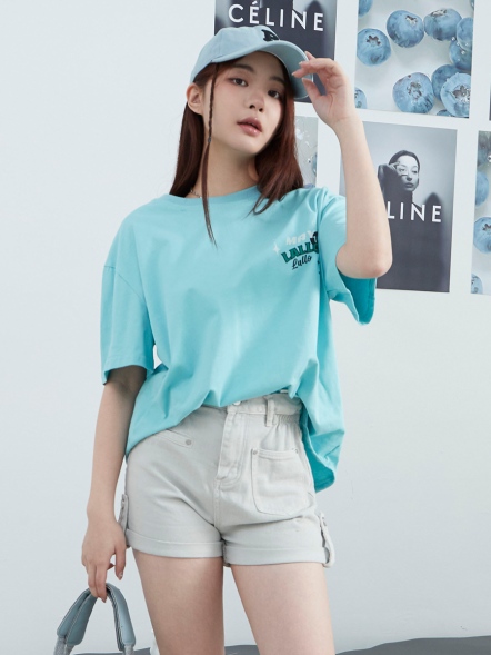 寬鬆四格圖案迷幻設計上衣-藍色