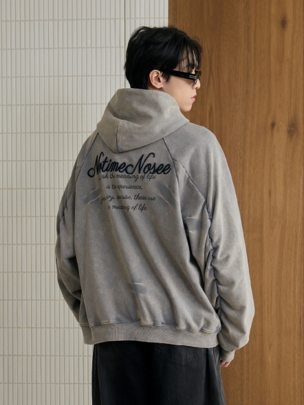 復古仿舊水洗刺繡長帽T