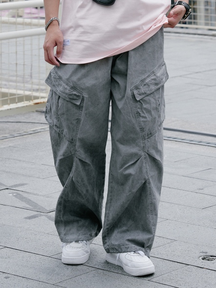 大口袋洗舊寬鬆長褲