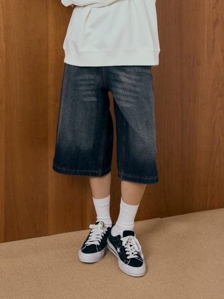 簡約刷色過膝牛仔短褲