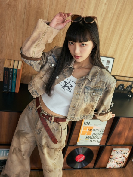 袖口皮帶設計暈染口袋外套