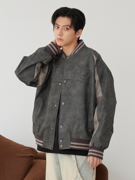 仿舊皮革拼接棒球外套