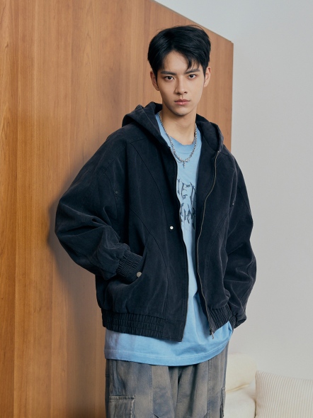 休閒連帽拼接牛仔薄外套