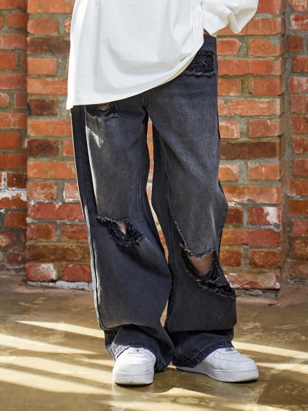 刷破寬鬆牛仔長褲