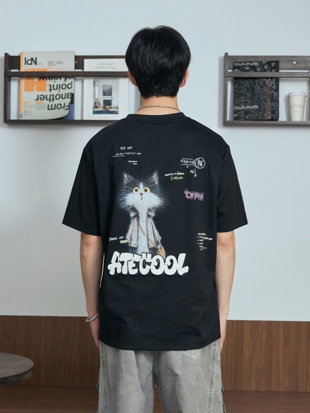 趣味炸毛貓咪背圖短T