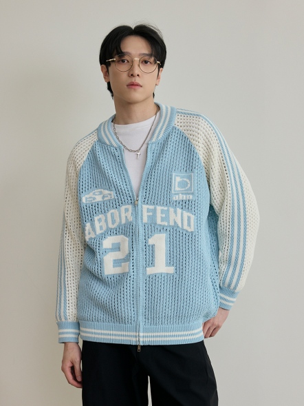 美式網狀拼色針織薄外套