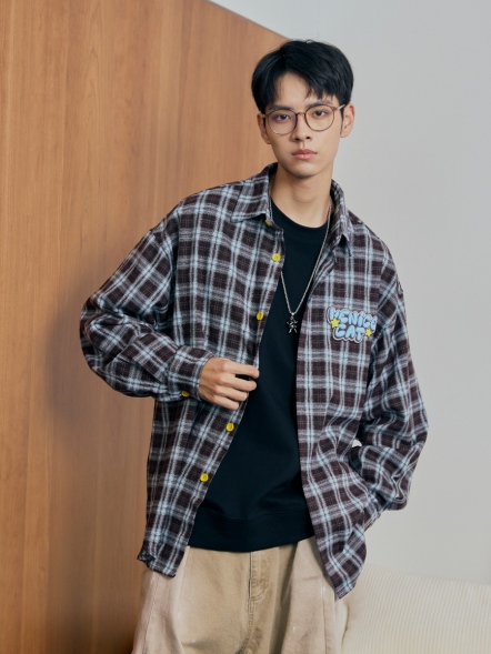 個性撞色刺繡格紋長襯