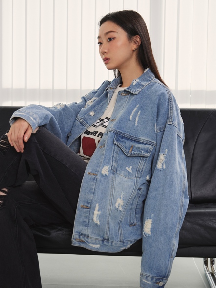 磨破刷白牛仔薄外套