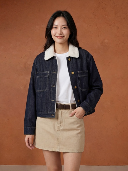 牛仔貂毛格紋袖口翻領外套