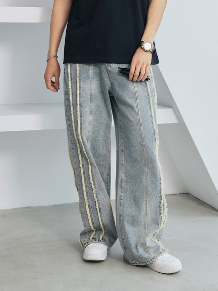 毛邊潑漆牛仔寬褲